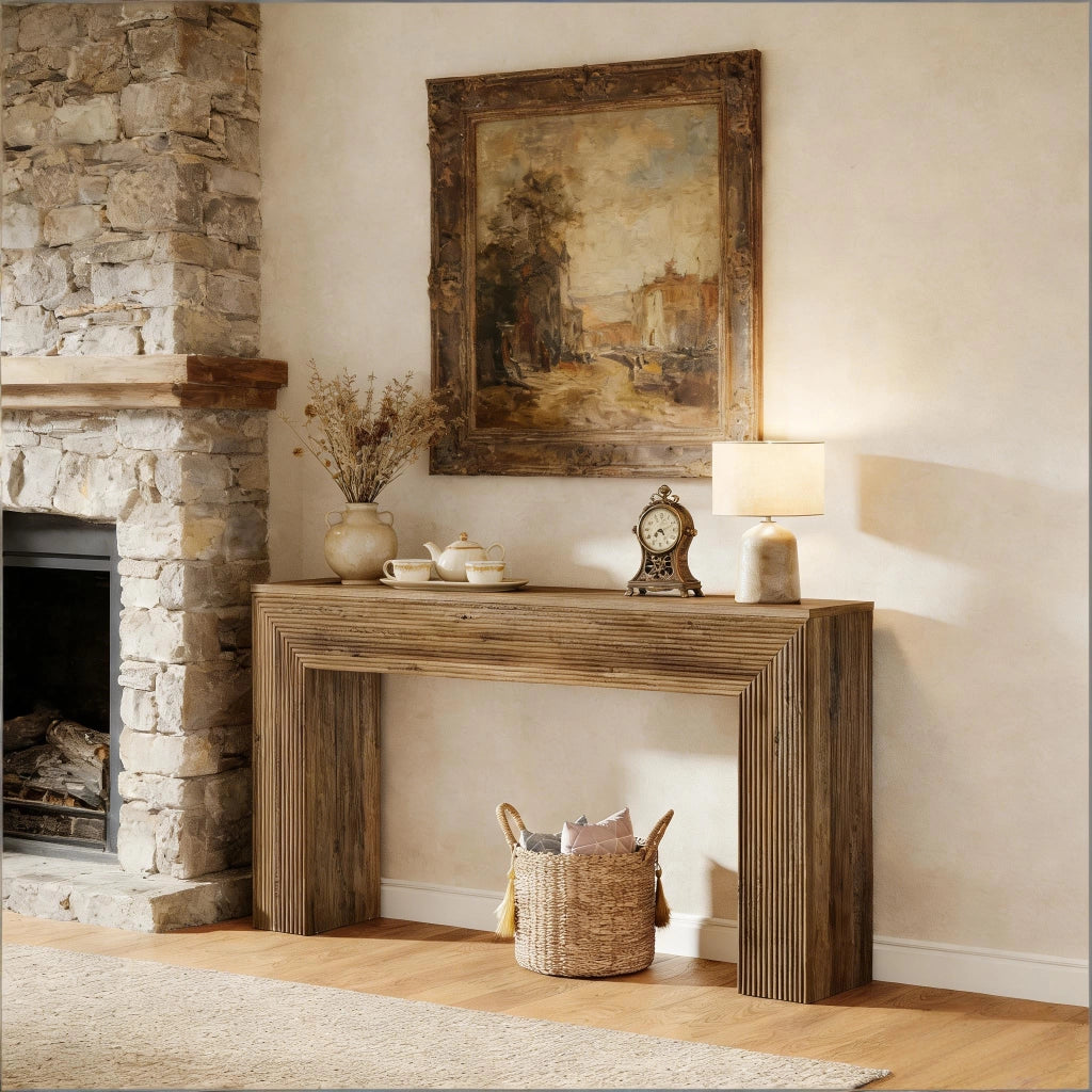 Consolle rustica in MDF con piano da 160 cm, struttura minimalista e uso versatile per ingresso e soggiorno, marrone