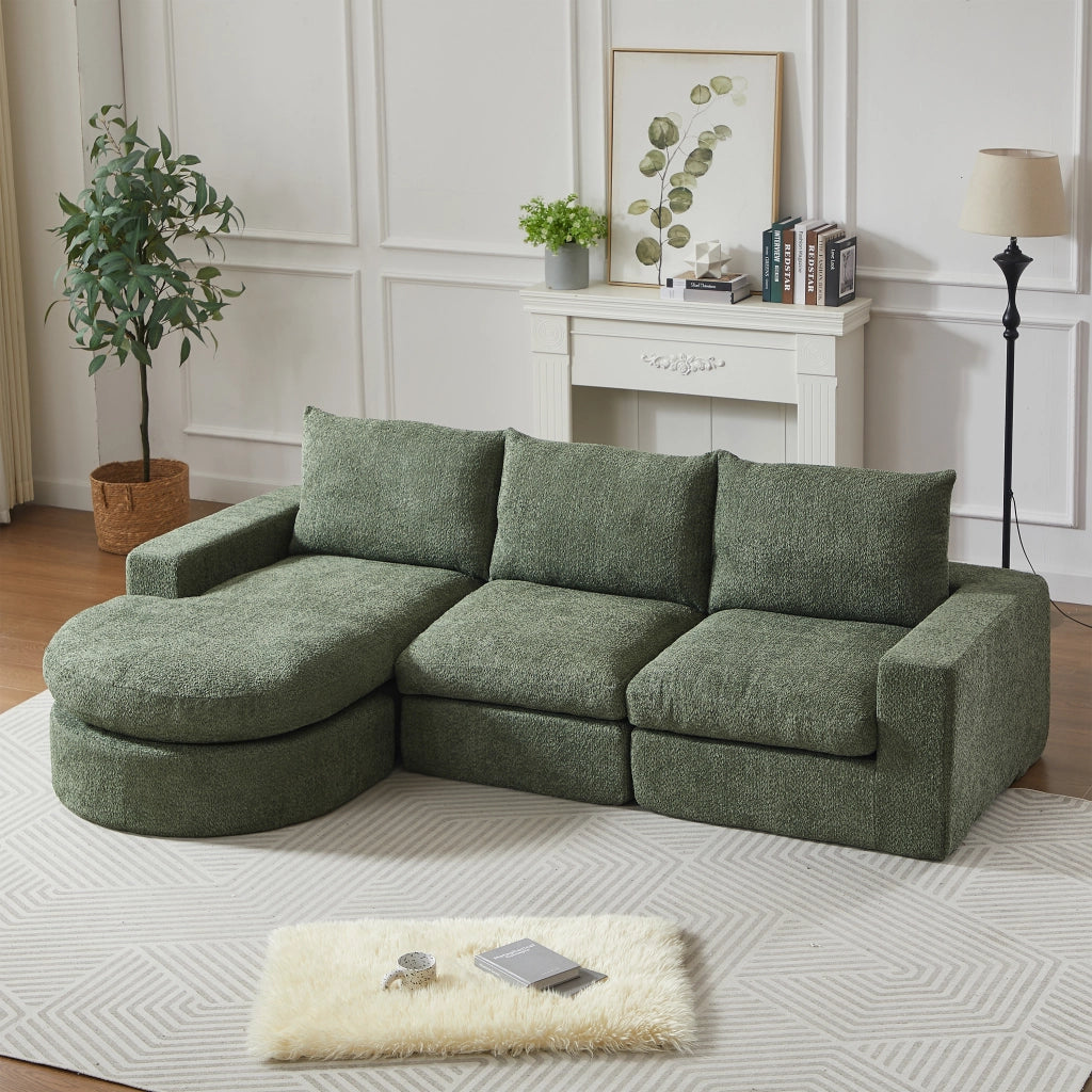 Divano angolare modulare in ciniglia con chaise longue reversibile, cuscini per il collo e verde 251 × 160 × 81 cm