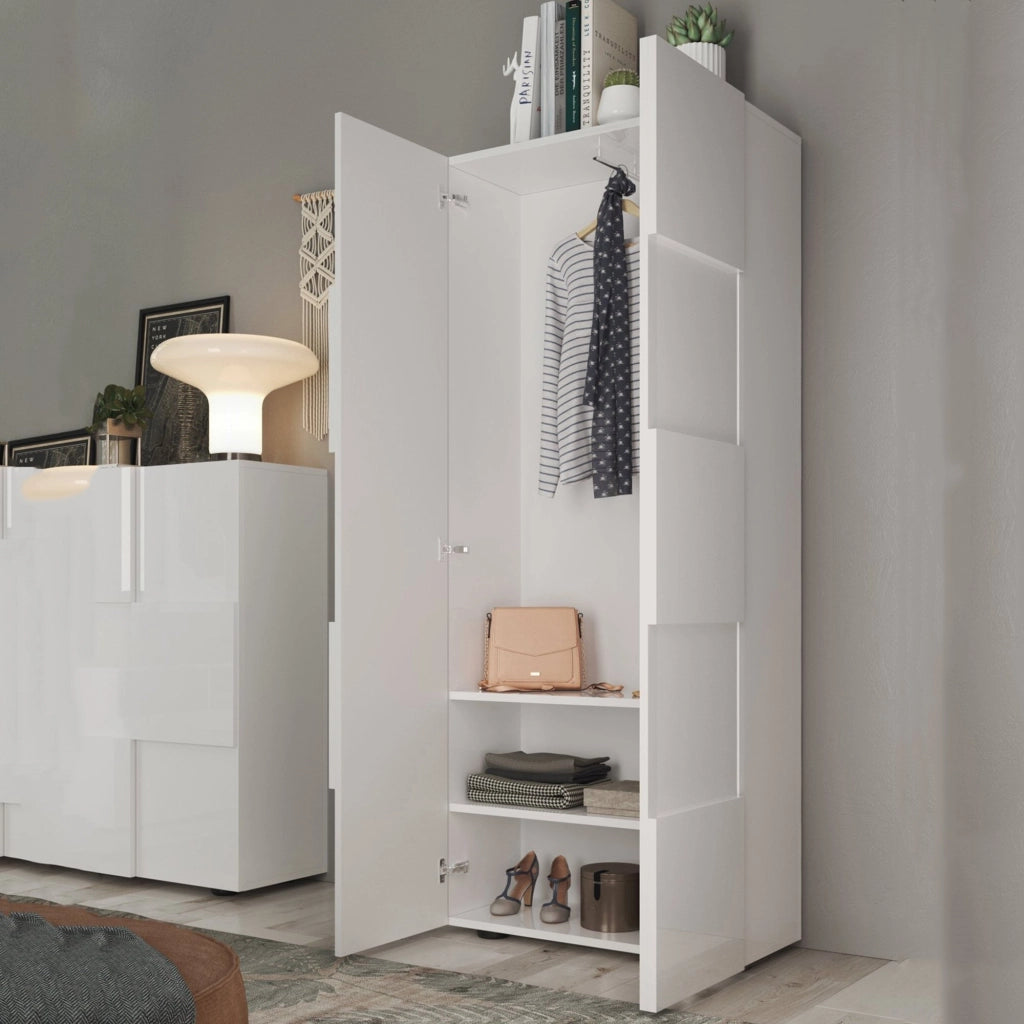 Armadio Camera da Letto Comerio, Guardaroba 2 Ante 2 Ripiani, 78x186.5h cm Bianco Lucido