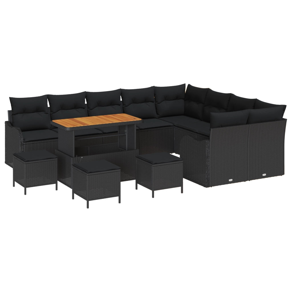 Set Divano da Giardino  da 13 Pezzi con Cuscini Nero Polyrattan Acacia