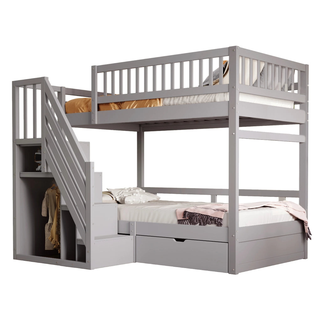 Letto a castello 90×200 cm; letto 2 posti con scala contenitore; cassetti e senza materasso