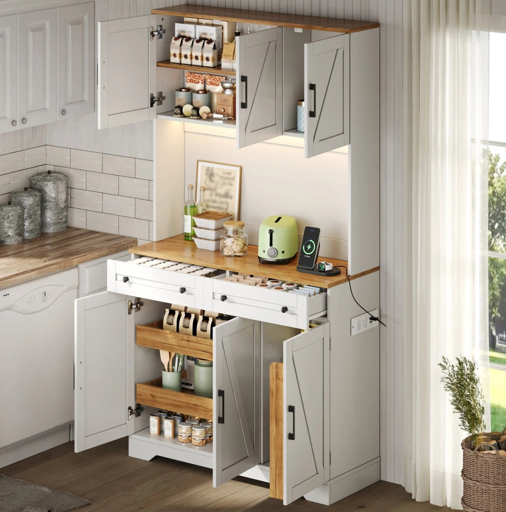 Credenza alta da cucina 100x40x180 cm in MDF naturale e bianco con LED e prese