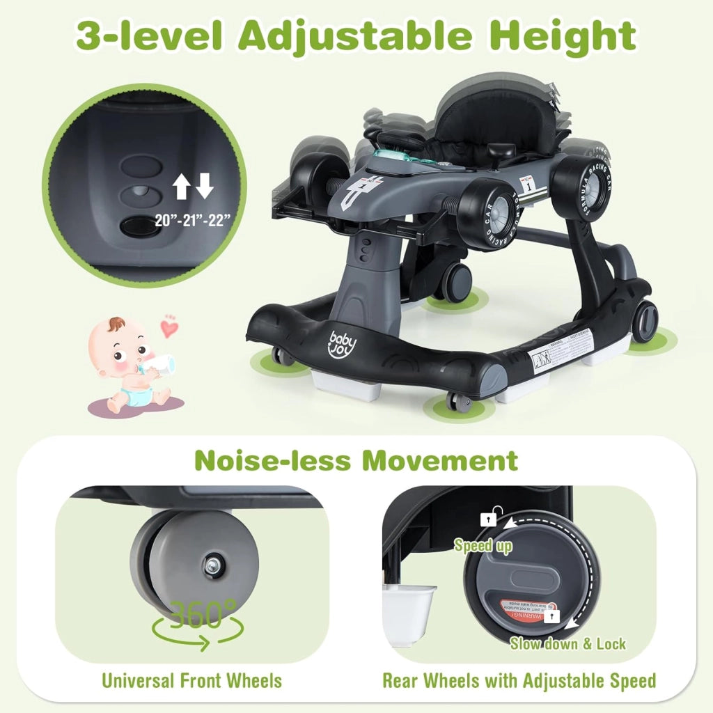 Girello per Bambini 6-18 Mesi, Baby Walker 4 in 1 con Musica e Luci, Primi Passi Piegevole e Portatile, Altezza e Velocità Regolabili, Carrello da Spinta, Forma di Macchinina (Grigio)