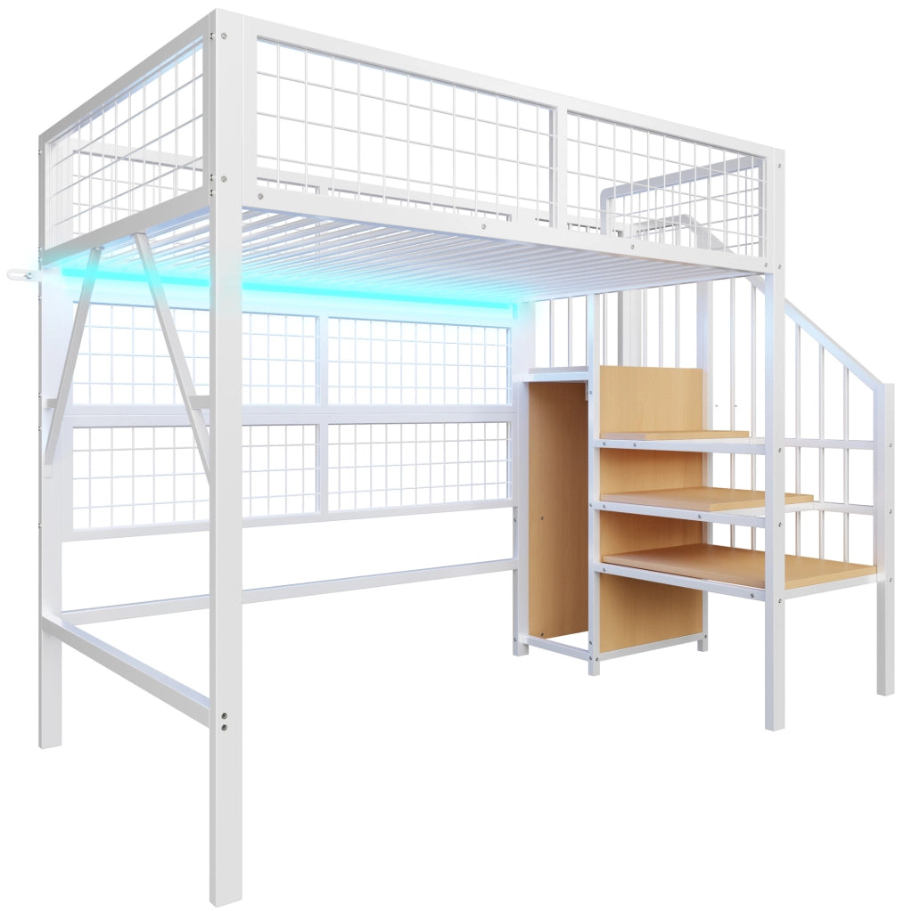 Letto a soppalco 90x200 cm in metallo con LED APP; scala con vano contenitore; bianco