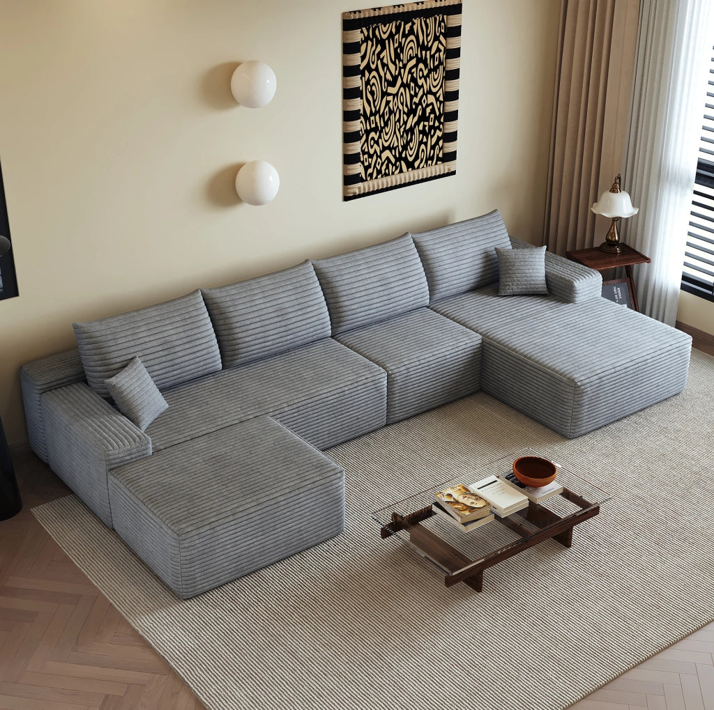 Divano angolare modulare 340 cm, chaise longue a L, tessuto a coste rigato grigio