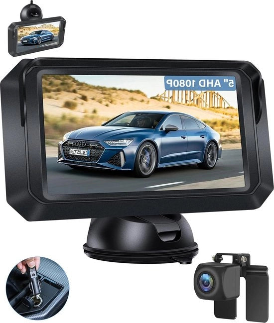 Ricarica Posteriore 1080P AHD con Monitor da 5 Pollici - Angolo Visivo 140 Gradi Ricarica Posteriore Idrorepellente per SUV Motorhome Trailer Caravan