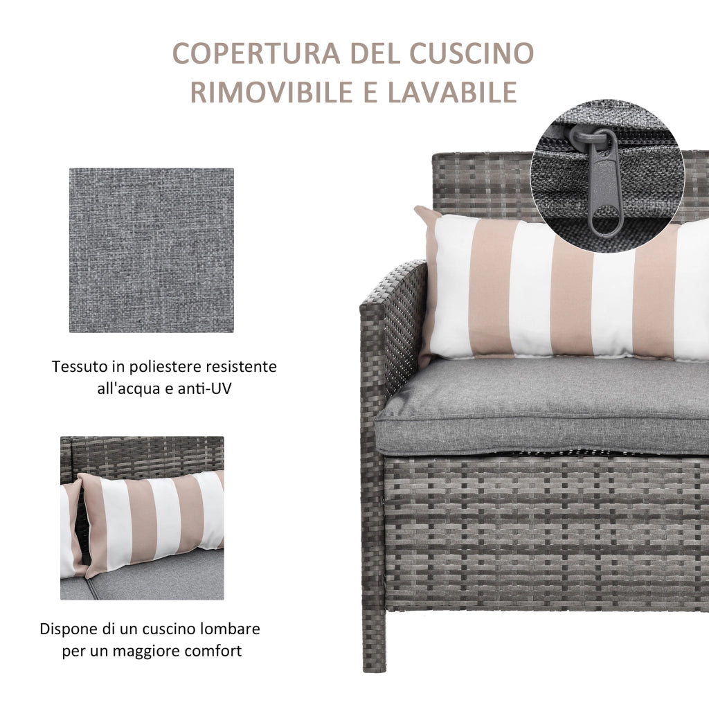 Divano da Giardino 3 Posti in Rattan ¨C zephmum ¨C Grigio, Cuscini Sfoderabili, 173x68x78 cm