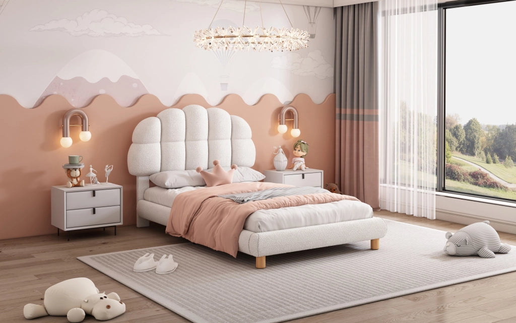 Letto Singolo Imbottito per Bambini 90x200 cm con Rete a Doghe in Legno, Bianco