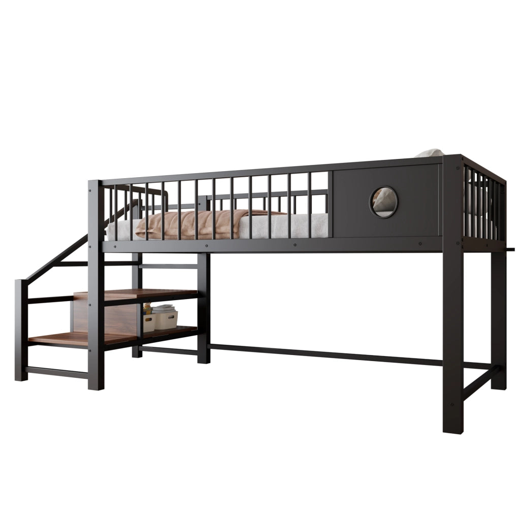 Letto a soppalco basso 90 x 200 cm in metallo con scaletta contenitore; nero