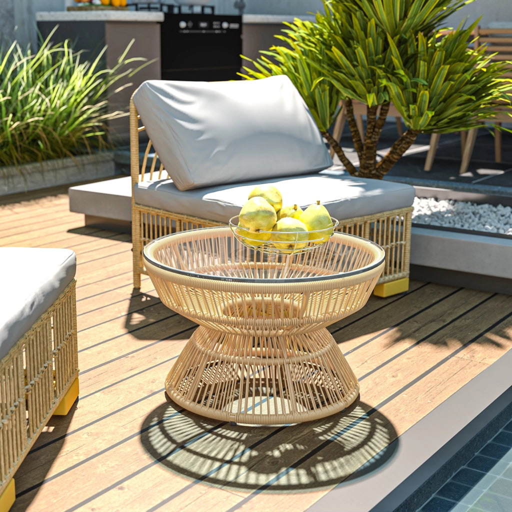 Tavolino da giardino rotondo ¨C Zephmum ¨C Poly rattan, vetro temperato, ?60x37 cm