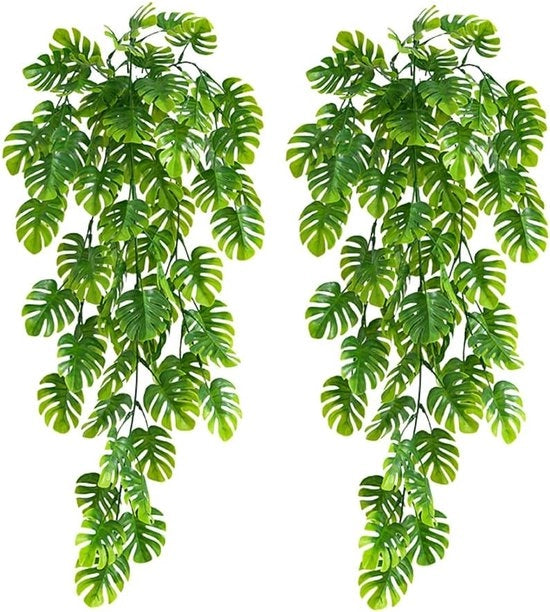 Due pezzi di piante artificiali appese con foglie di Monstera verdi chiaro - 70cm di lunghezza - garland di edera finta per decorazione di mura di giardino e decorazione di cesti appesi per matrimoni