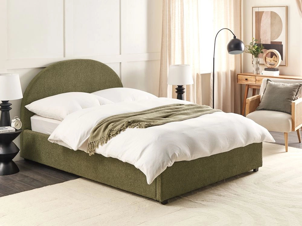 Letto matrimoniale contenitore tessuto bouclè verde oliva 140 x 200 cm camera da letto