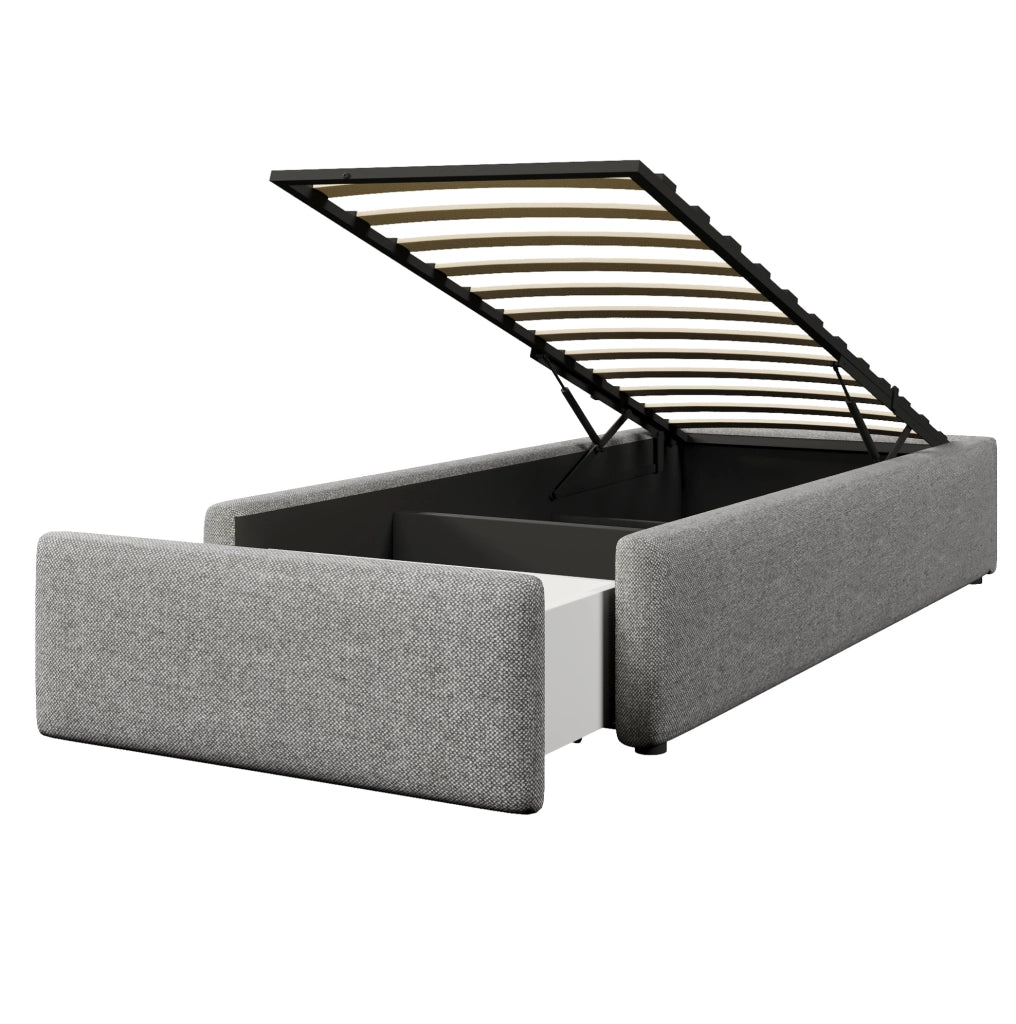 Letto imbottito 90x200 cm grigio con contenitore idraulico e cassetto