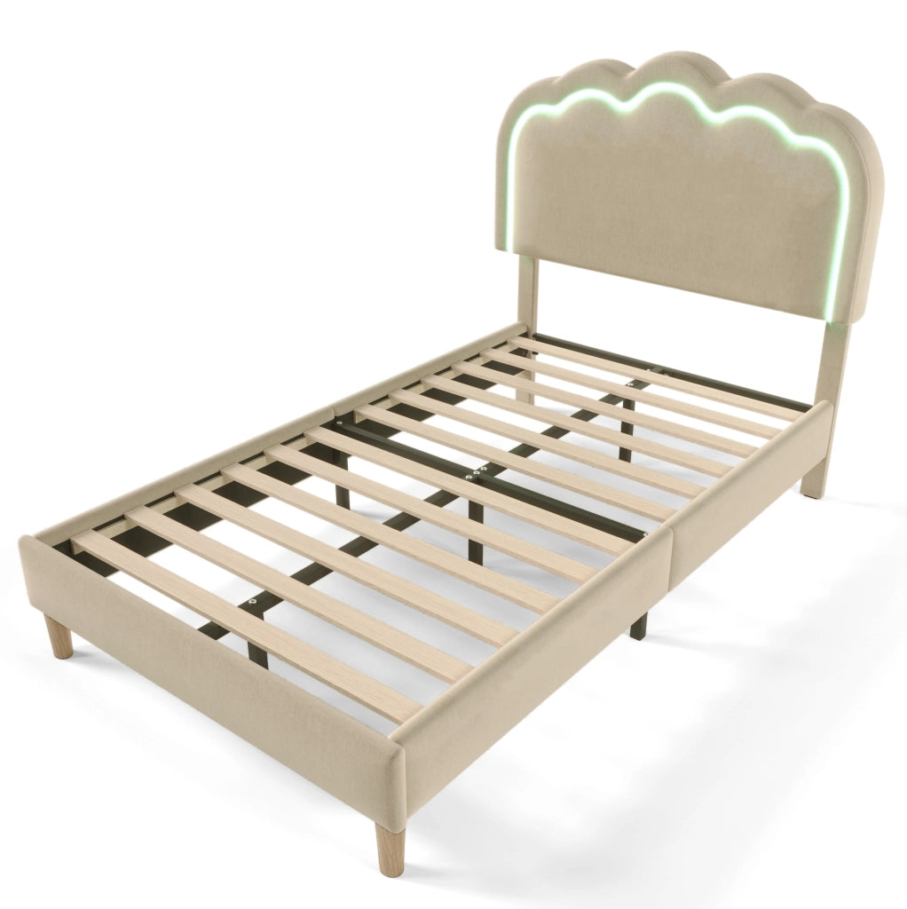 Letto singolo imbottito 90x200 cm con testiera LED regolabile, beige, struttura con rete