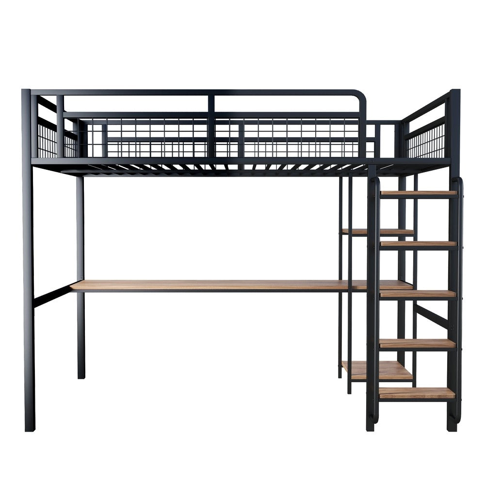Letto a Soppalco in Metallo con Tavolo e Scaffale ¨C MINIMAL ¨C Nero 140x200