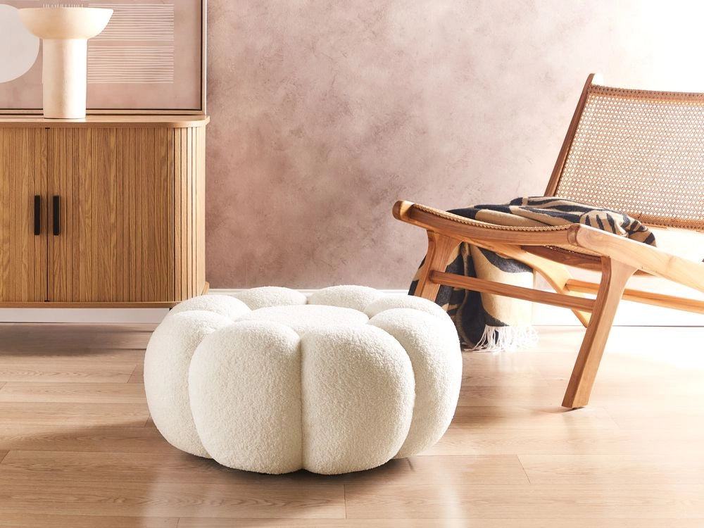 Pouf moderno rotondo in tessuto boucle bianco sporco moderno contemporaneo camera da letto soggiorno