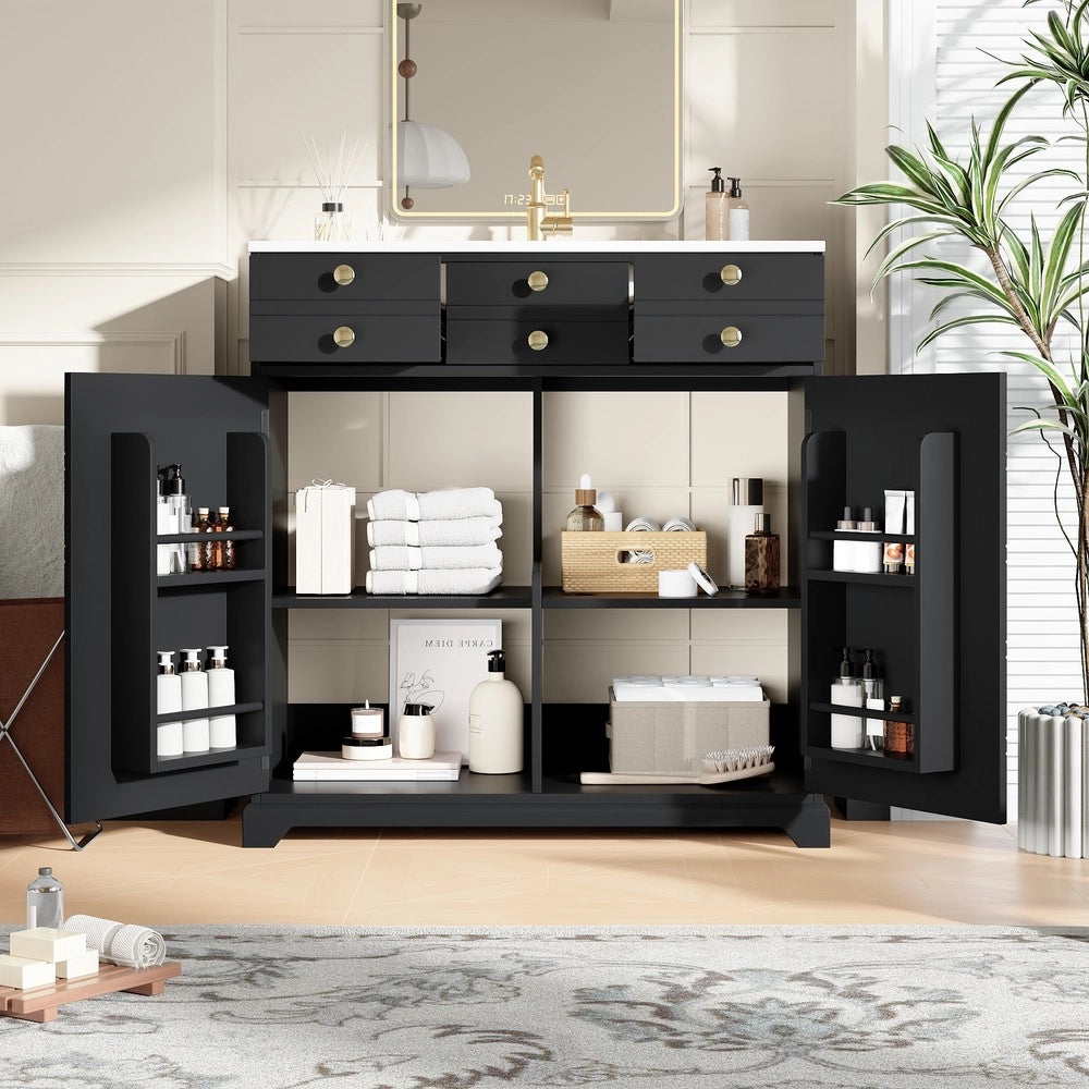 Mobile da Bagno con Lavabo in Ceramica, Cassetti e Ante ¨C Xylo ¨C Nero e Oro