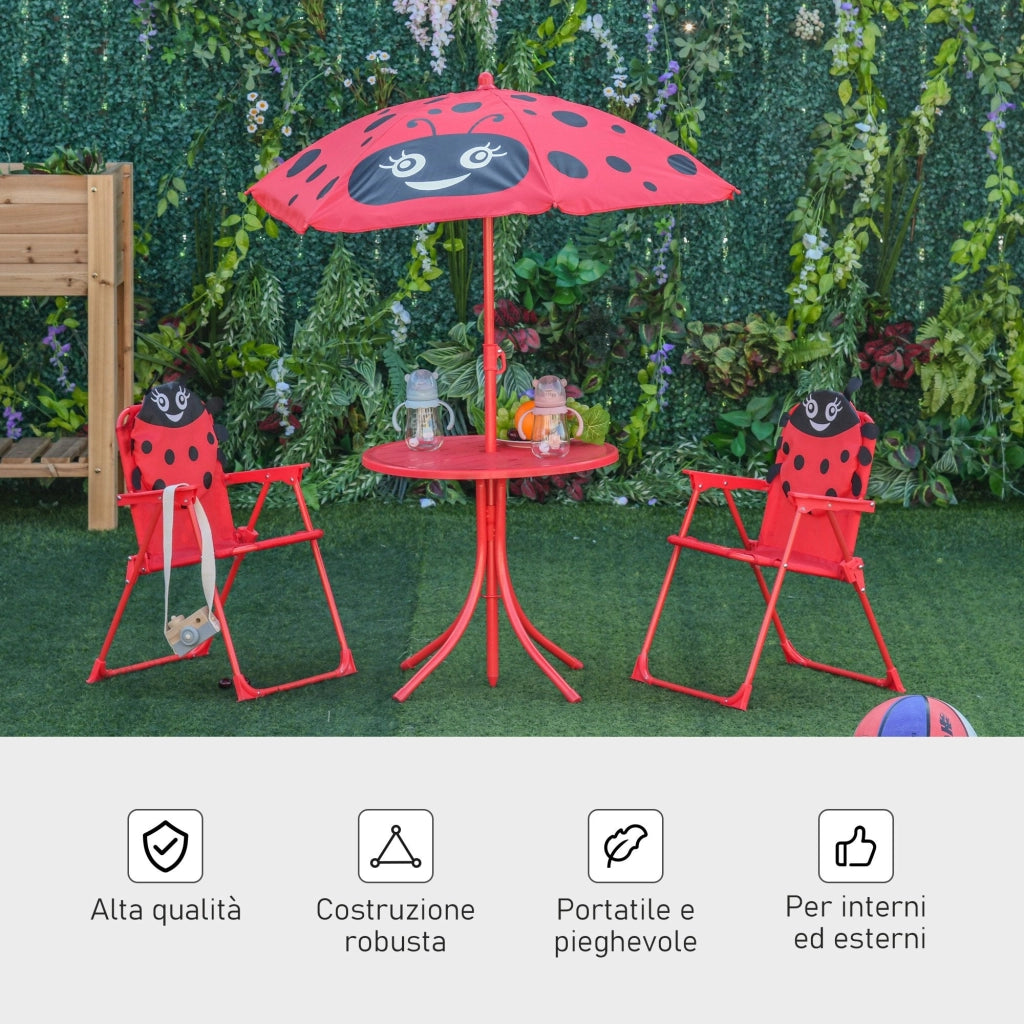 Set Tavolino e 2 Sedie Pieghevoli da Giardino per Bambini con Ombrello Rosso Coccinella