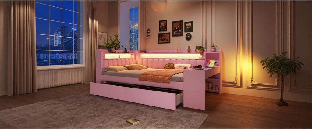 DESMIU Letto Divano 140 × 200 cm 2 posti con USB, LED, scrivania e 2 cassetti senza materasso, in MDF, rosa