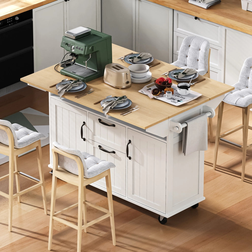 Carrello da Cucina con 2 Ante; 2 Cassetti; Piano Pieghevole; Prese e Portasciugamani; in MDF; Bianco e Naturale