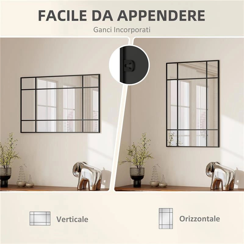 SPECCHIO DA PARETE STILE FINESTRA CON MONTAGGIO VERTICALE E ORIZZONTALE, 90X60 CM, NERO