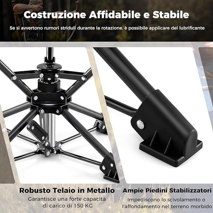 Sgabello da Campeggio Pieghevole, Sedia da Caccia Girevole a 360° con Piedi Anti-Affondamento, Borsa da Trasporto Compatta e Leggera, Piccolo Sgabello da Esterno Portara 150 kg (Mimetico)