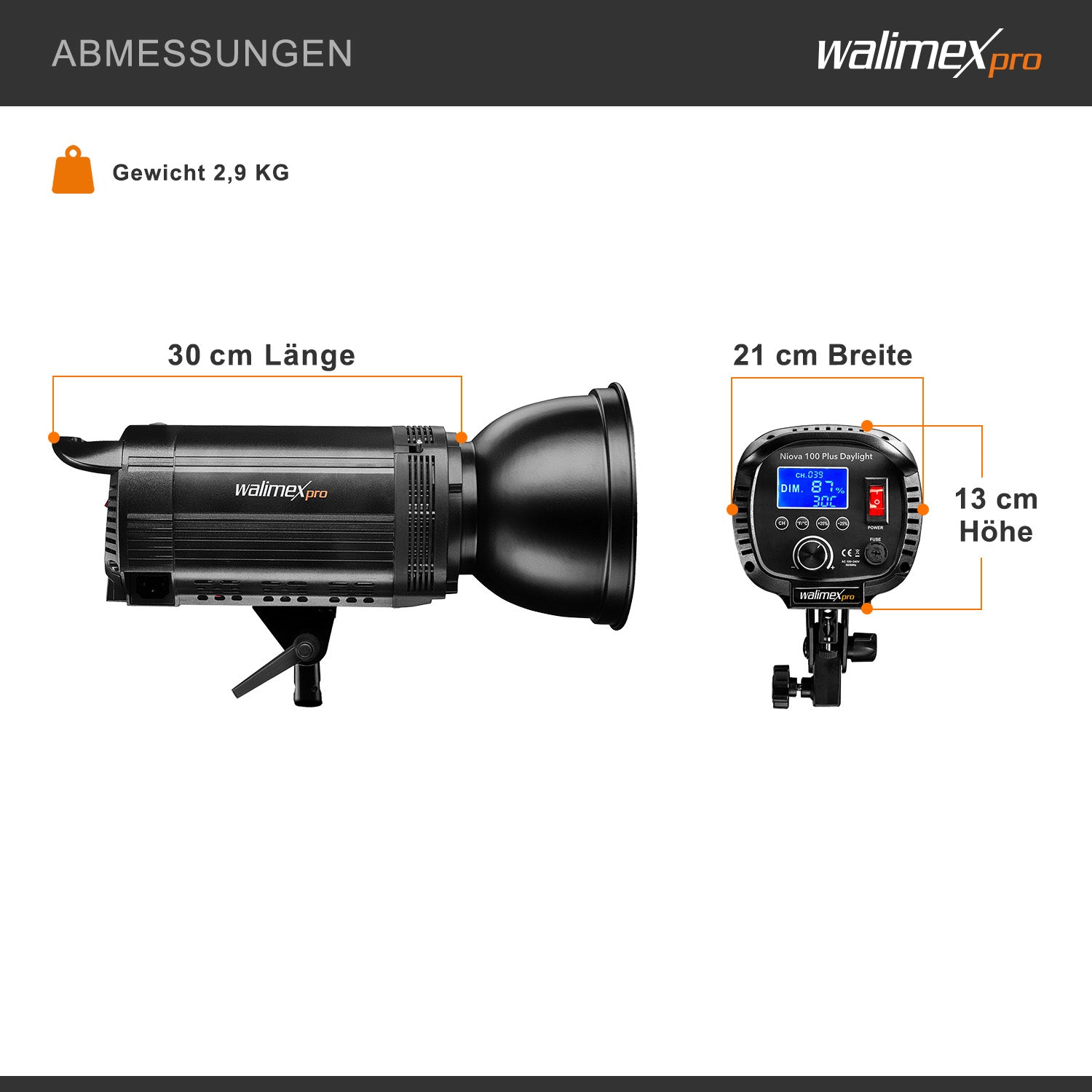 Niova Plus Daylight, Faretto LED per fotografia, luce video 100 W dimmerabile, con riflettore Bowens e diffusore, con tecnologia COB-LED, per studio fotografico