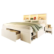 Letto Matrimoniale 140x200 cm; Contenitore; 2 Comodini Mobili; LED; USB Type-C in Legno Bianco