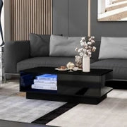 Tavolino da salotto moderno laccato lucido con luce LED, 95×55×32 cm, Nero