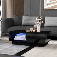 Tavolino da salotto moderno laccato lucido con luce LED, 95×55×32 cm, Nero