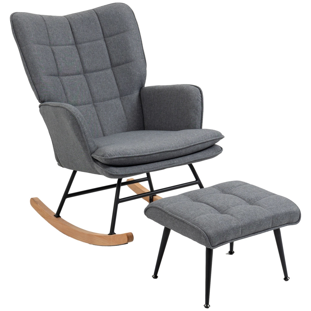 Poltrona a dondolo con pouf, schienale alto imbottito e braccioli, base in legno di faggio, in poliestere grigio 64 × 89 × 90 cm