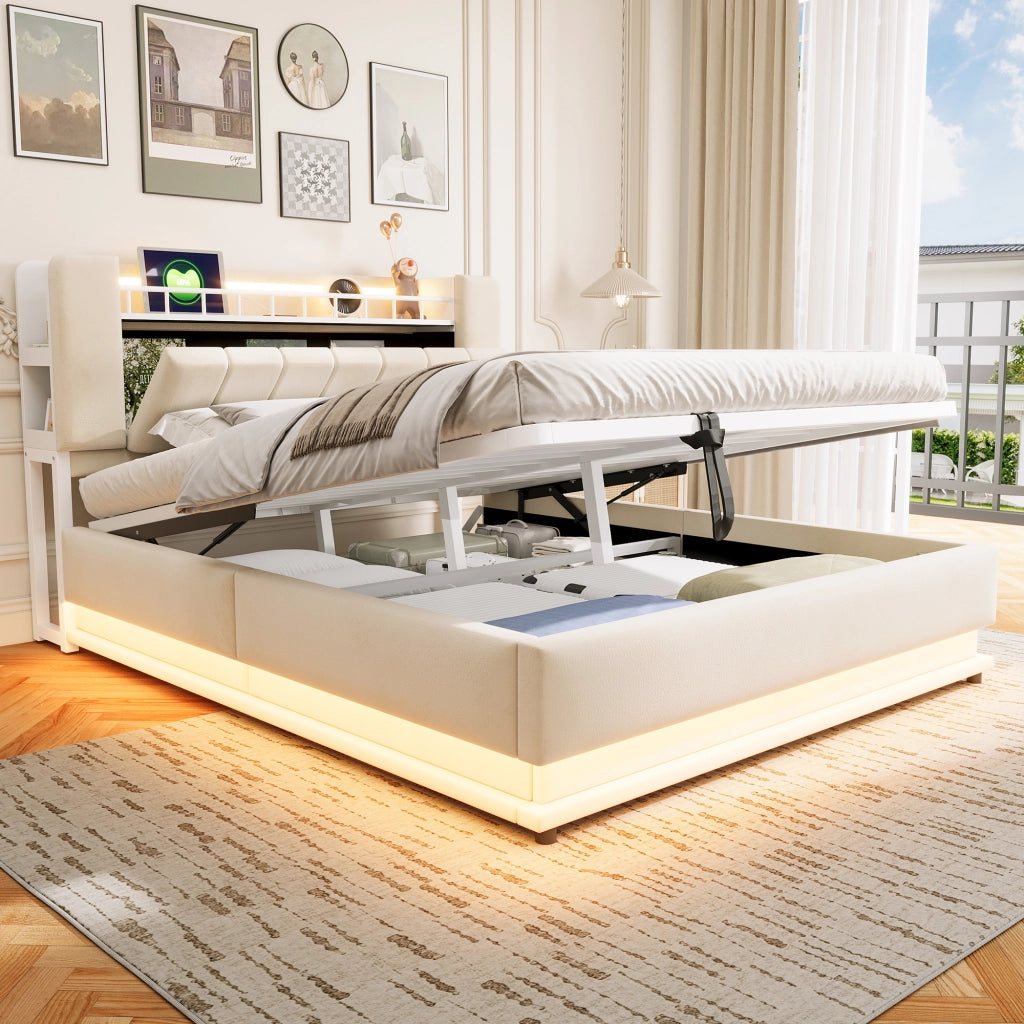 Letto imbottito 160x200 con contenitore idraulico; LED e porte USB; velluto beige
