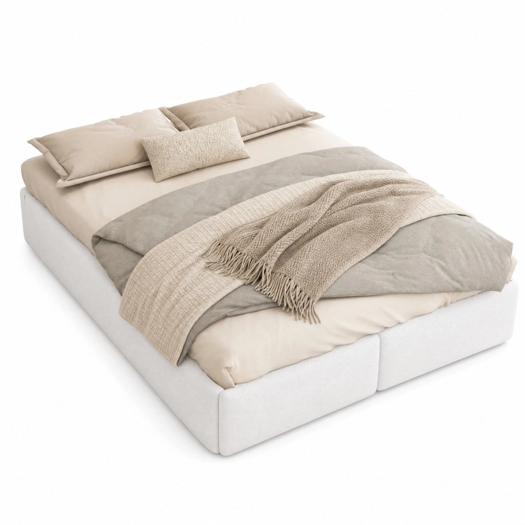 Letto imbottito 140x200 cm senza testiera con contenitore idraulico; 2 cassetti; bianco