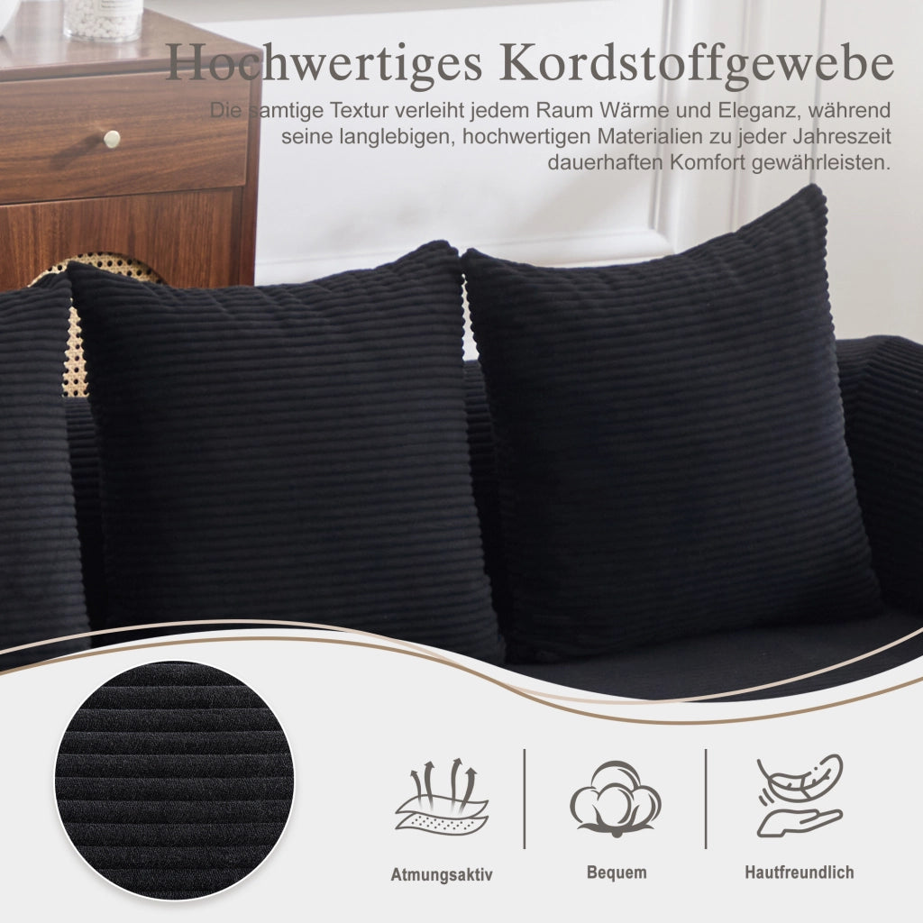 DIVANO modulare in velluto a coste 200x190x67 cm nero con 3 cuscini e pouf