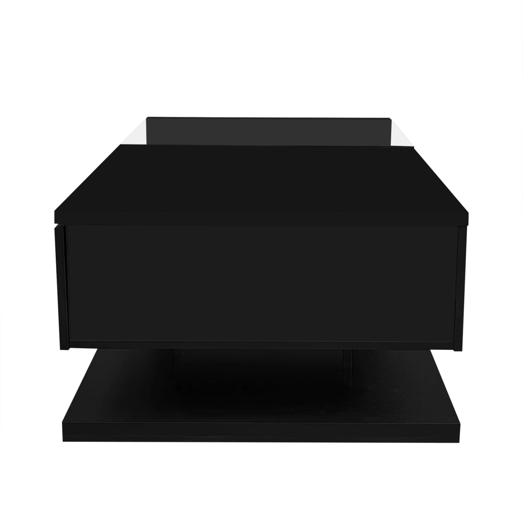 Tavolino da caffè 105x55x32.5 cm; piano in vetro temperato con LED a 16 colori; pannello truciolare nero