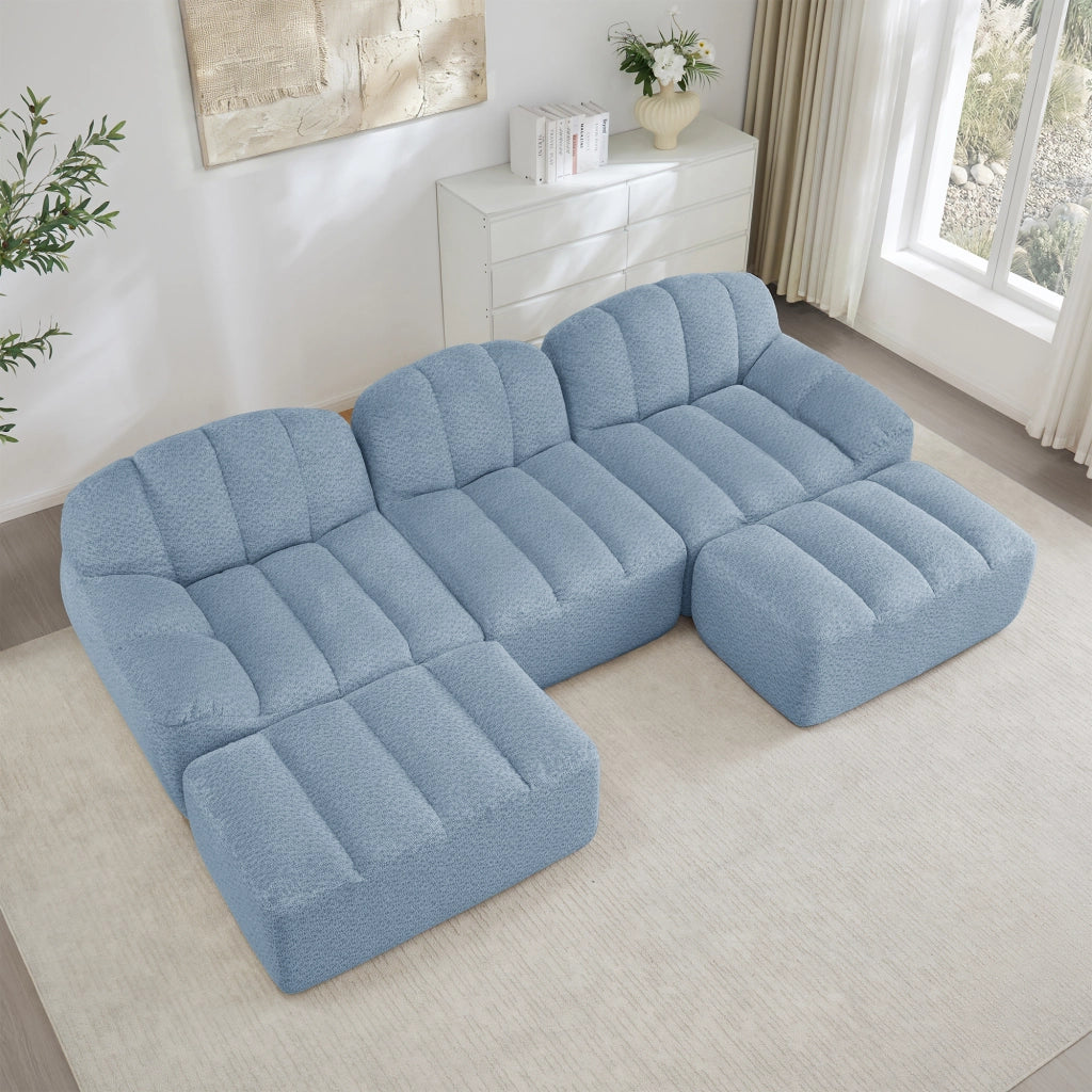 Divano a U modulare senza struttura con schiuma 32D ad alta densità e ottomani in fleece granulato blu 288 × 165 × 79 cm