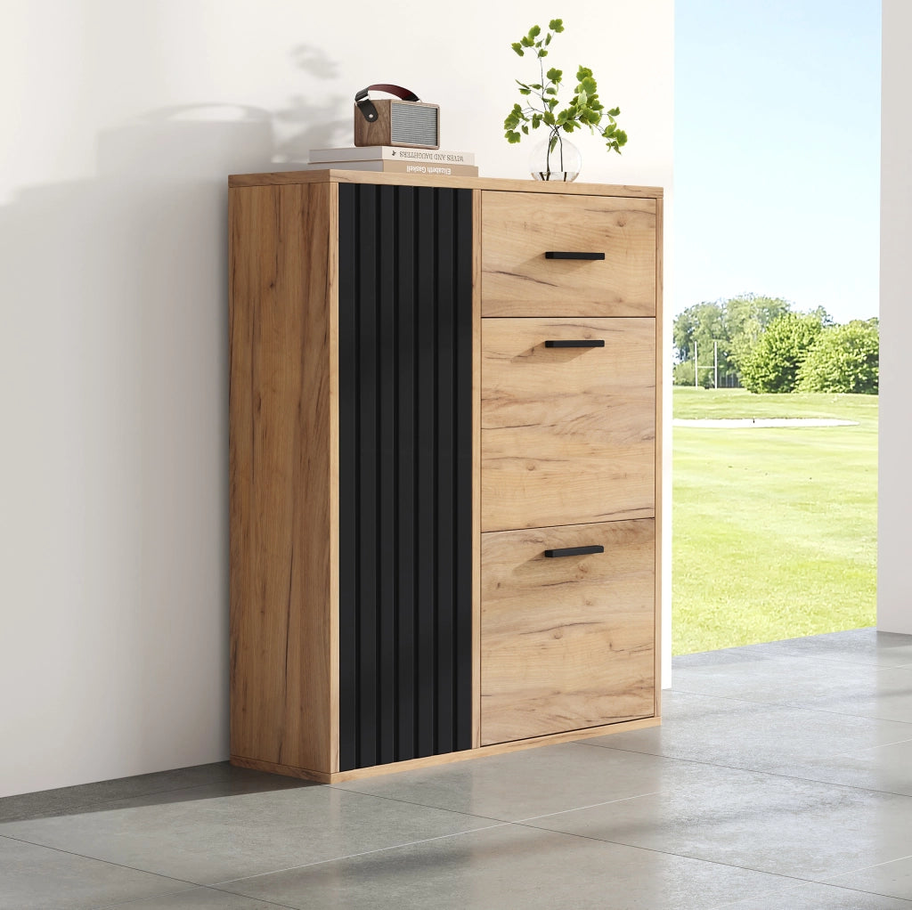 Mobile portascarpe con cassetto e 3 ante; ripiani regolabili; 80x24x95;5 cm; nero e naturale