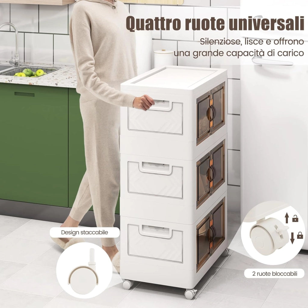 Scatola Portaoggetti, Contenitori in Plastica con Coperchio e 4 Ruote, Contenitore Pieghevole Impilabile per Soggiorno, Cucina e Camera da Letto (L-Set di 3)