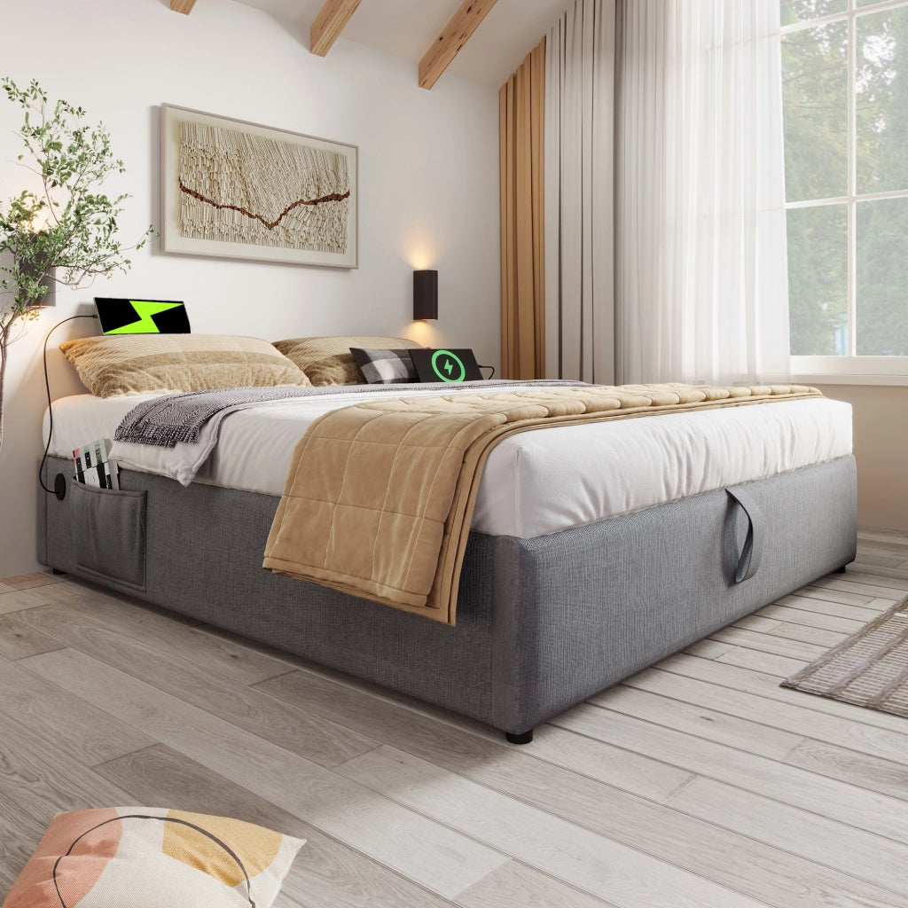 Letto contenitore matrimoniale 160x200 cm in tessuto effetto lino con USB/Type-C, rete continua e struttura grigio