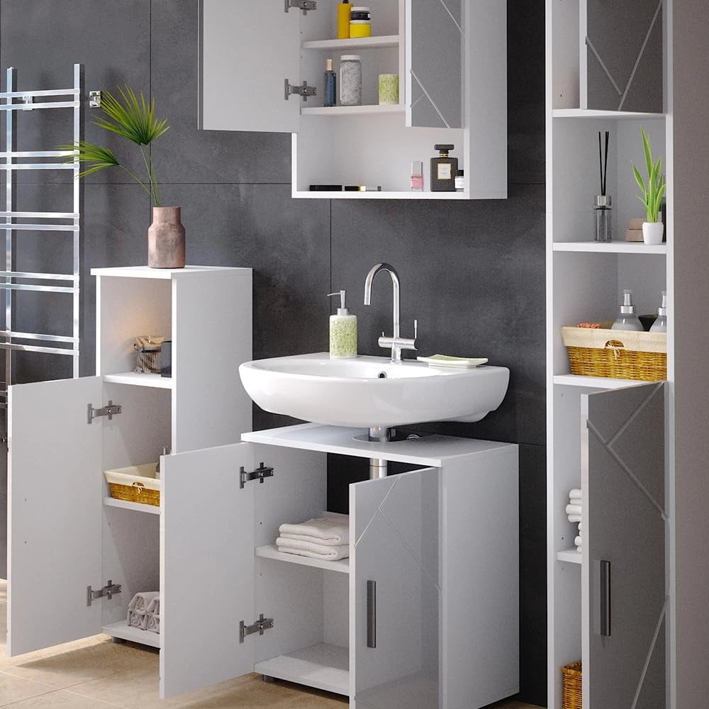 Set mobili bagno Irma, Bianco lucido, 80 cm, composto da mobile lavabo, pensile a specchio, colonna e base media
