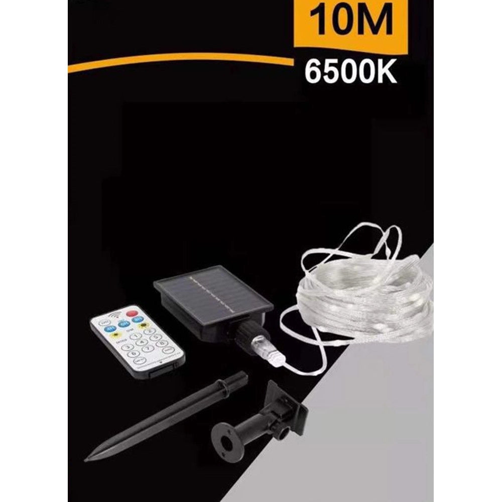 Trade Shop - Striscia Luminosa Led 10mt Con Pannello Solare Picchetto Catena Luce Decorazioni Kyp-10 - -bianco Freddo      -