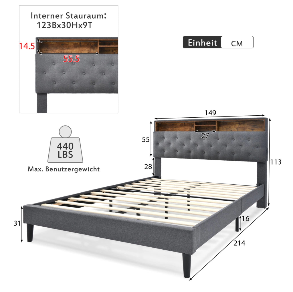 Letto matrimoniale imbottito 140x200 cm con testiera contenitore e LED; grigio