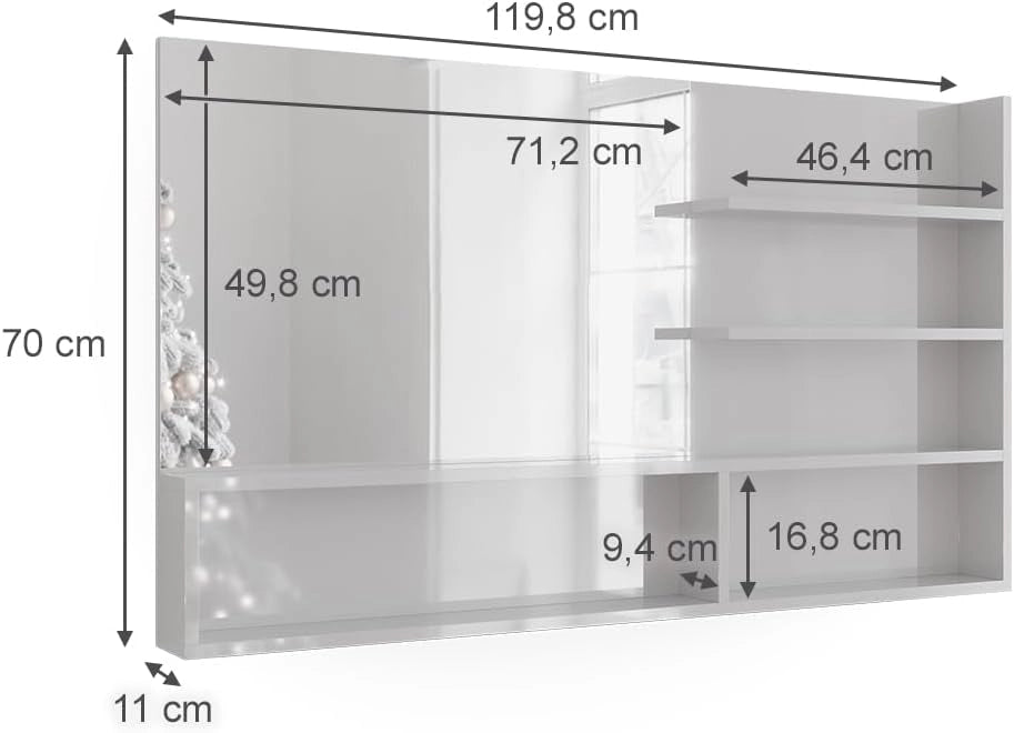 Mensola dello specchio, Bianco lucido, 119.8 x 70 cm con scomparti aperti, con cinque ripiani aperti per la conservazione degli accessori da bagno