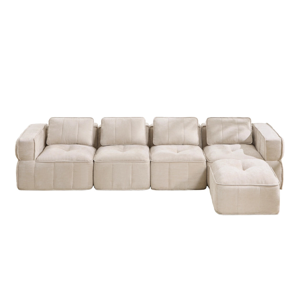 Divano modulare angolare a L 4 posti con pouf; seduta profonda in poliestere beige 344x162x67 cm