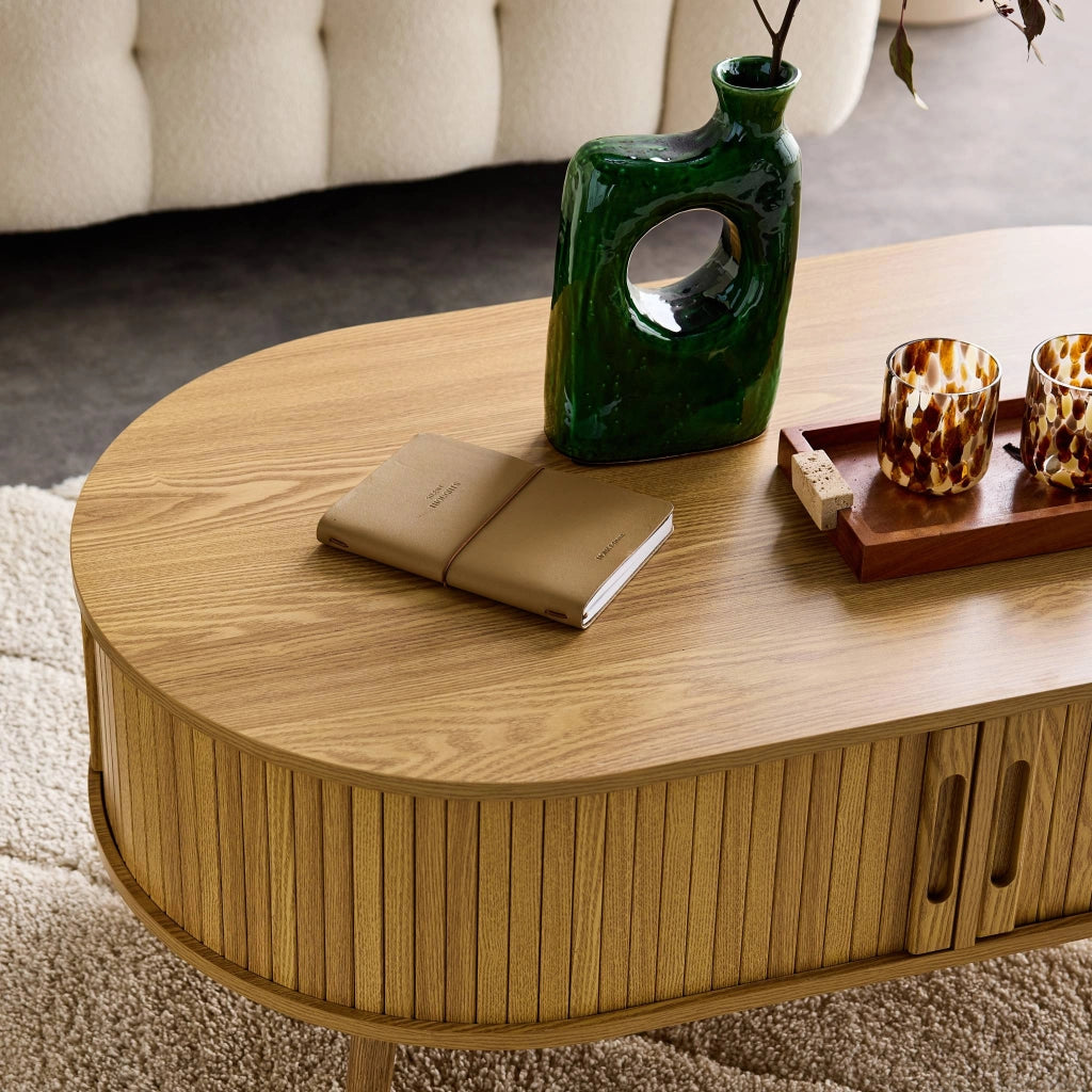 Tavolino scandinavo effetto legno scanalato 2 ante scorrevoli, marrone