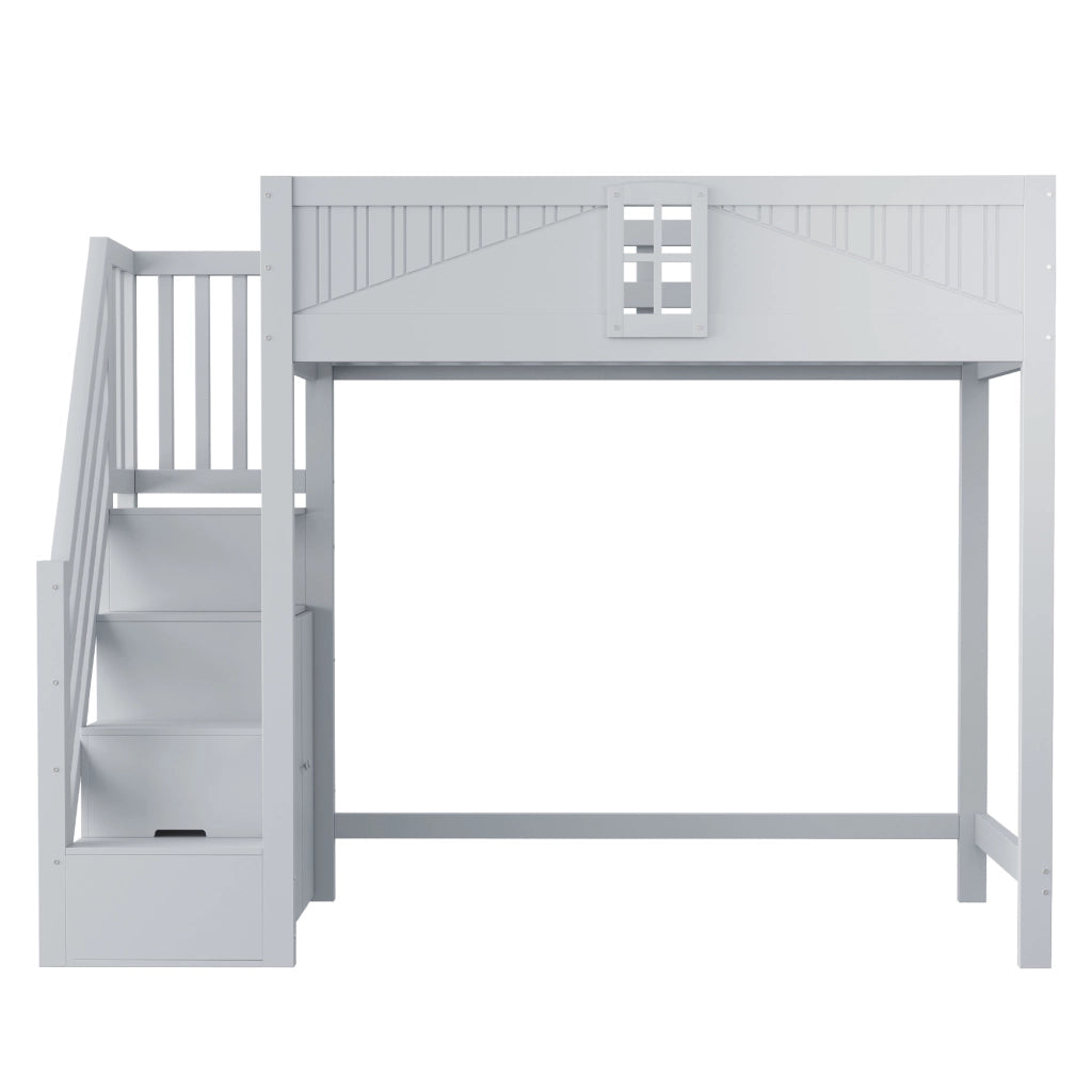OKWISH Letto a Soppalco 90×200 cm, Letto Singolo con Sponde di Sicurezza, Scala Reversibile e Ripiani Laterali, senza Materasso, Grigio