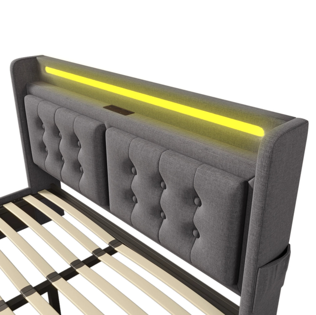 Letto matrimoniale 160x200 cm con contenitore; testiera con prese e USB; LED; grigio