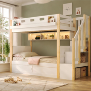 Letto a castello in legno massiccio 90x200 cm con scala contenitore, LED, USB e testiera imbottita, bianco