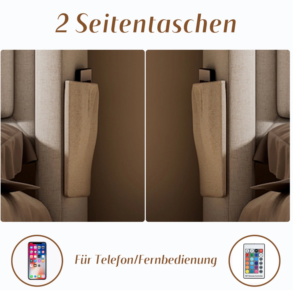 Letto matrimoniale 160x200 cm con materasso; LED; USB-C e 4 cassetti in cotone-lino beige