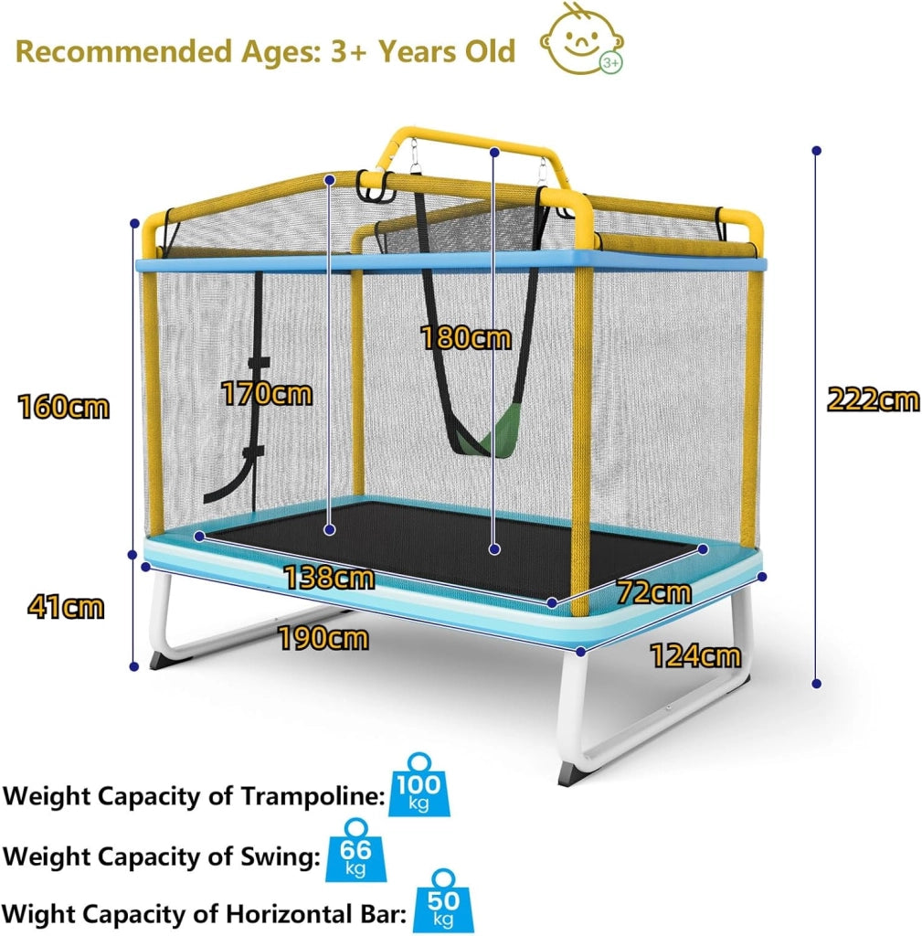 Trampolino per Bambini 3-8 Anni, Tappeto Elastico Bambini 3 in 1 con Altalena Rimovibile e Barra Orizzontale, Saltarello da Esterno e Interno, Portato 110 kg, 190 x 124 x 172 cm
